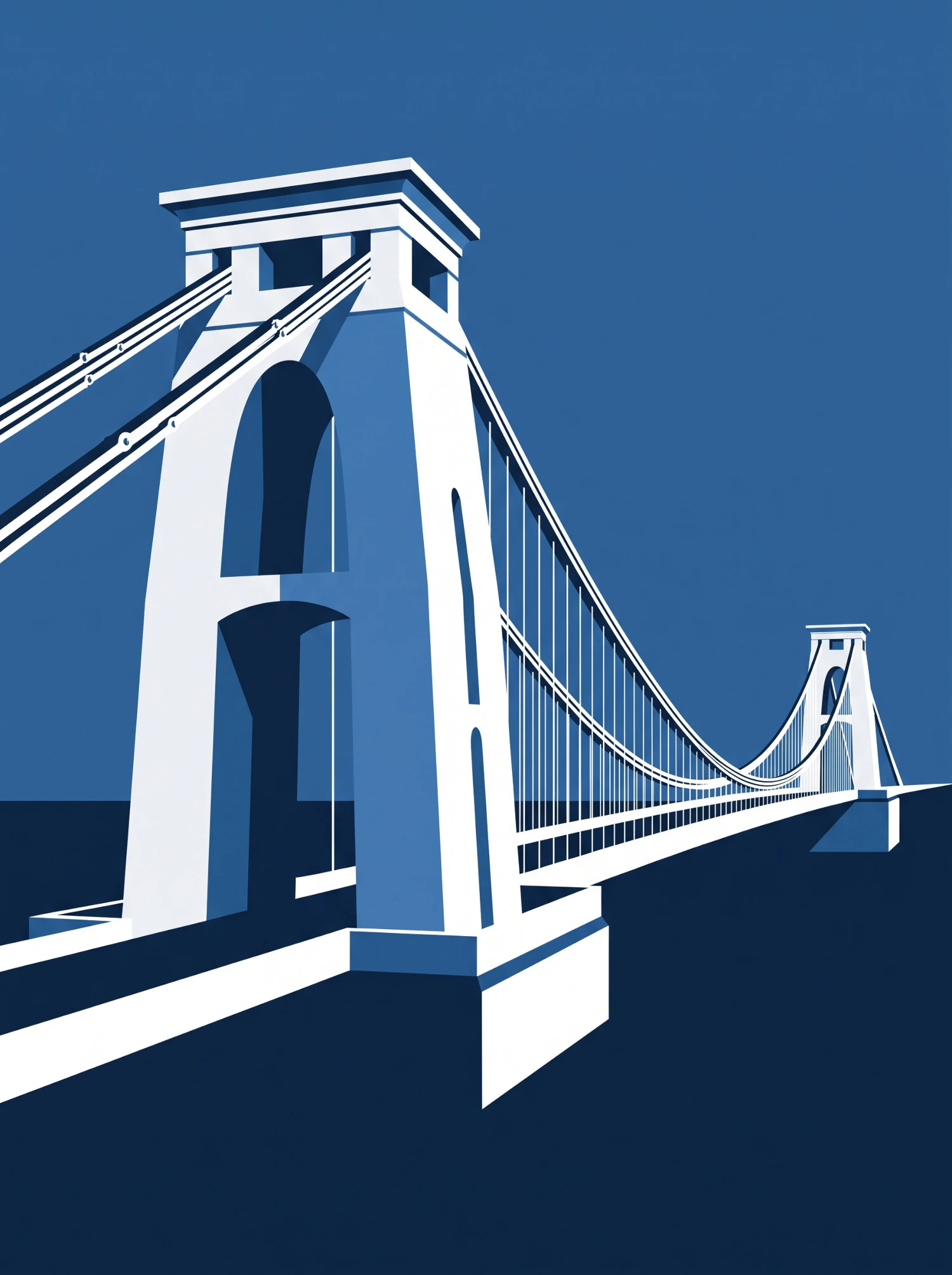 Architectural illustration of the Clifton Suspension Bridge spanning the River Avon in Bristol